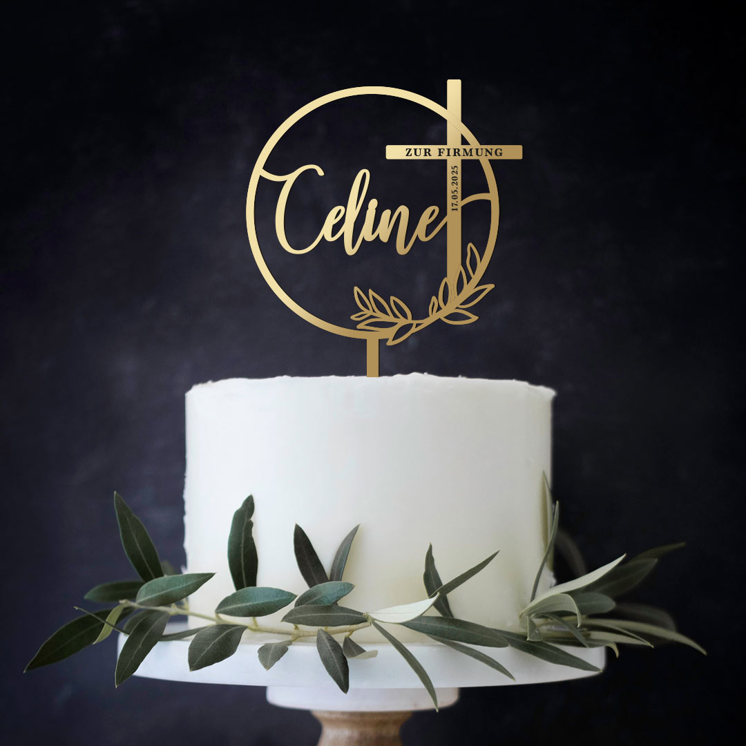 Taufe Kommunion Firmung Cake Topper Kreuz mit Wunschname floraler Ring