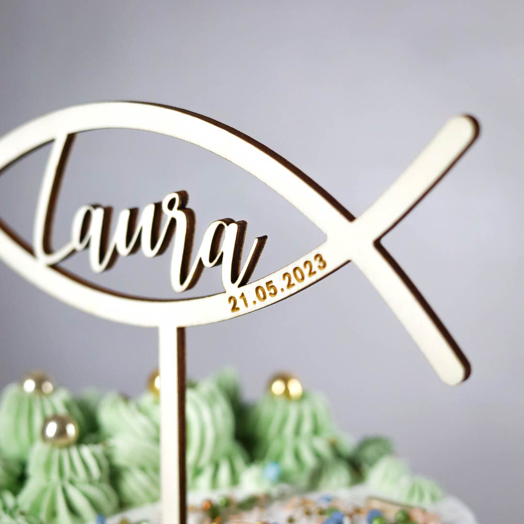 Cake Topper Fisch mit Name personalisiert aus Holz