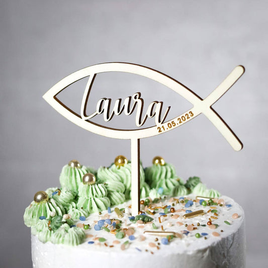 Cake Topper Fisch mit Name personalisiert aus Holz