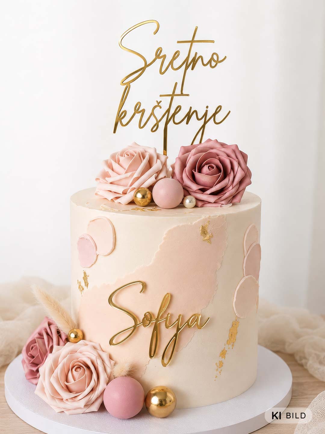 Goldener Cake Topper "Sretno krštenje" mit Namens-Charm Sofija auf Taufe-Torte mit Rosen
