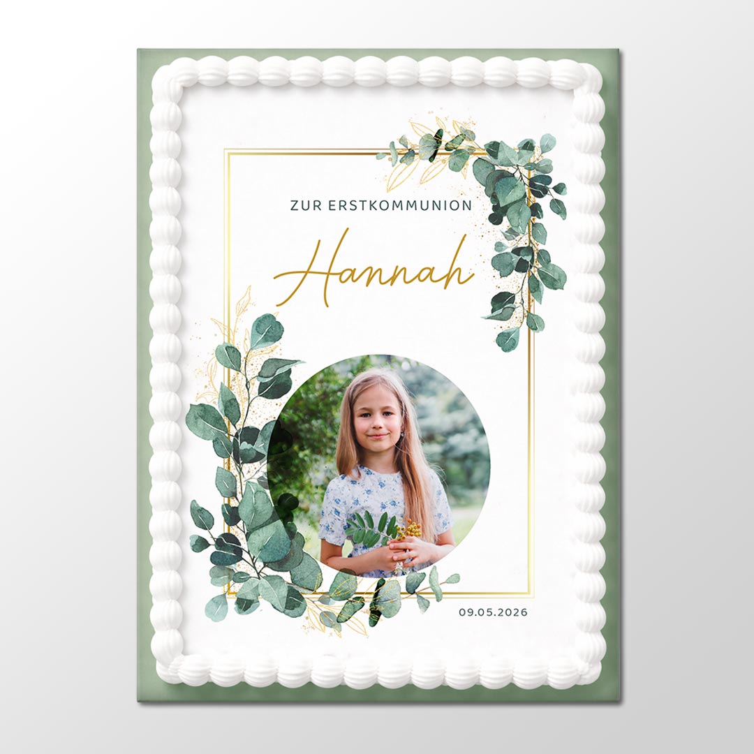 Foto Tortenaufleger Erstkommunion personalisiert mit Name, Datum und Foto im Eukalyptusdesign
