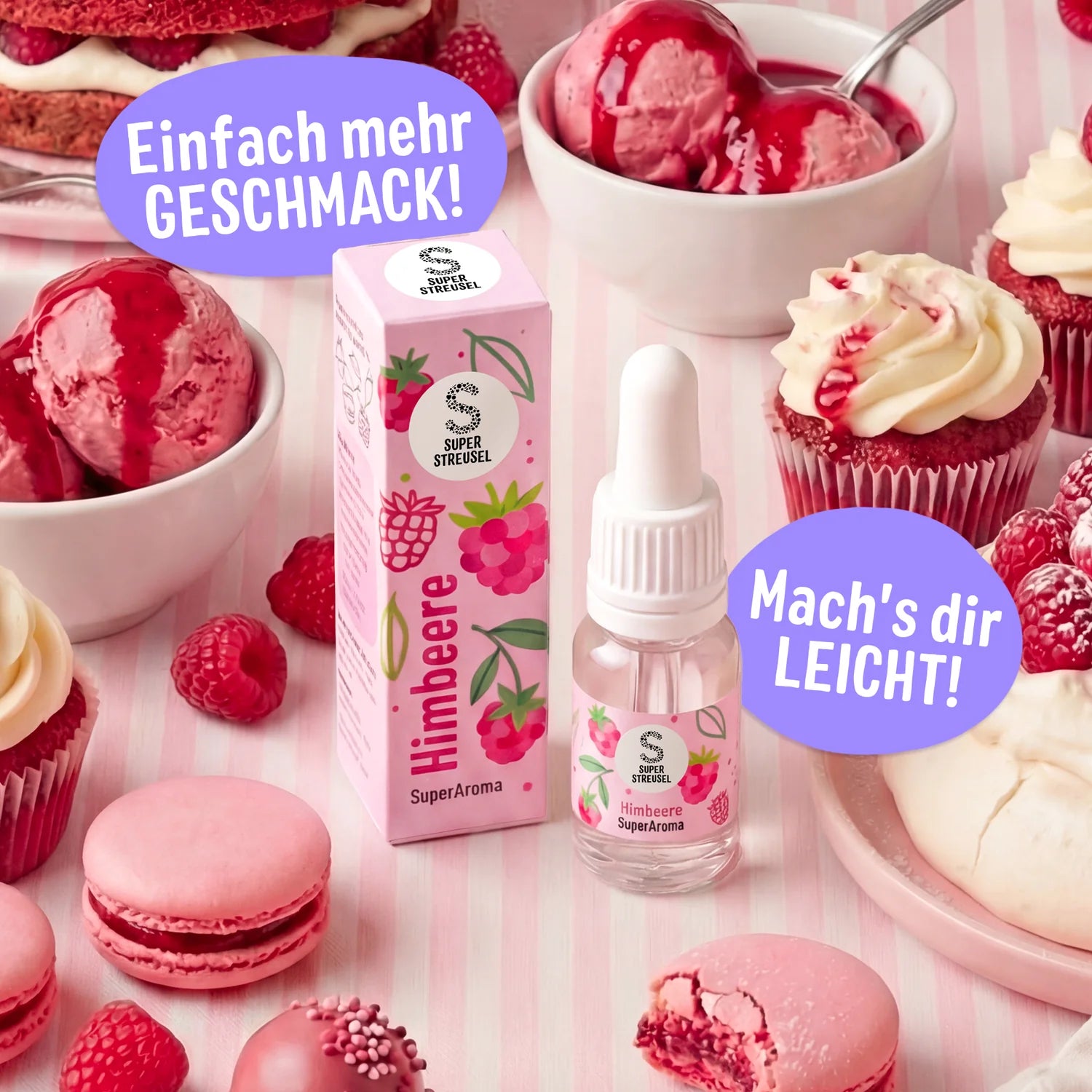 SuperAroma Himbeere – Backaroma Fläschchen umgeben von Macarons, Eis und Cupcakes