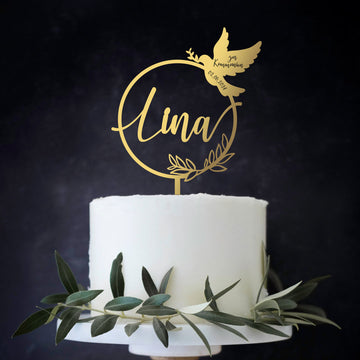 Taufe Kommunion Firmung Cake Topper mit Wunschname Taube floraler Ring