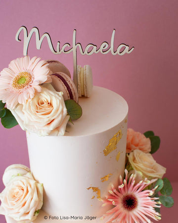 Tortenstecker Wunschname Blüten Torte Macarons personalisiert