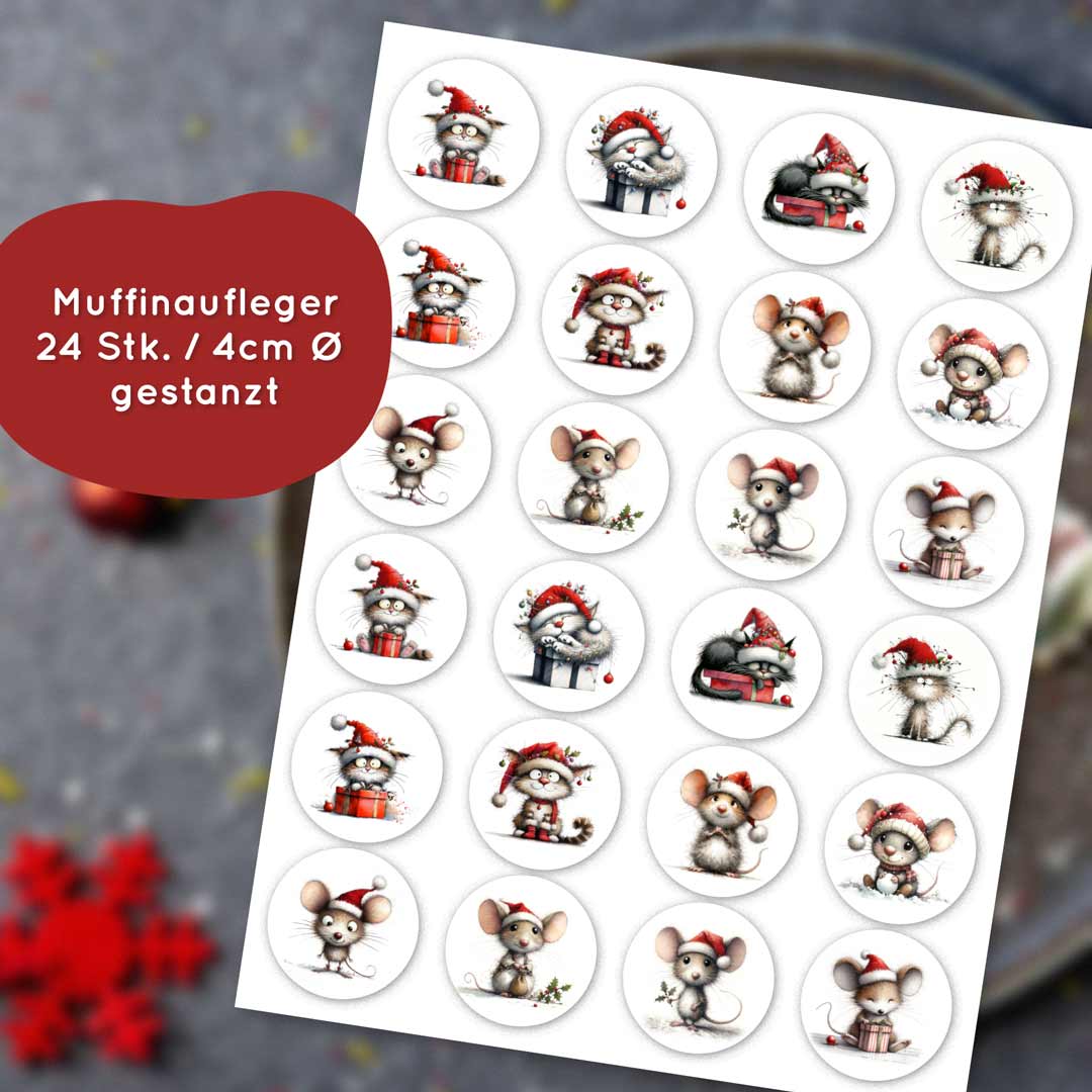 Weihnachten essbarer Keksaufleger Katz und Maus 24 Stk. 4 cm