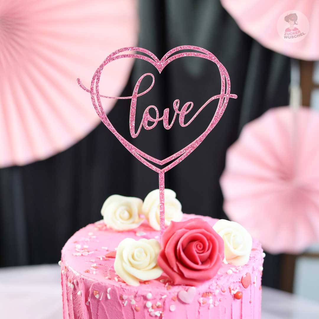 Cake Topper Love Herz Glitzer Pink